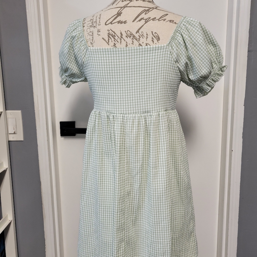 Lisa Says Gah Lily Green White Gingham Mini Dress with Puff Sleeves Babydoll XS - Picture 6 of 9
